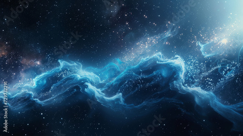 Translucent waves of shimmering particles create a galactic panorama enveloping you in a weightless state as you embark on an ethereal journey through the endless depths of