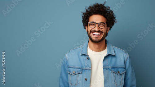 A Cheerful Arab man wearing a jacket and glasses has a snowy white smile, pointing his finger sideways at copy space for your text advertisement.