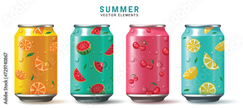 Summer soda cola vector set design. Summer tropical soft drinks in can with orange, lemon, cherry and watermelon flavor cold refreshment collection. Vector illustration summer soda juice collection. 
