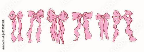 Hand drawn large pink ribbon bow collection, ,vintage style,chiffon bow clips vector. Coquette soft style