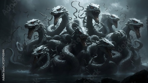 nine head hydra,mytical monster.fangs,fierce,dark aura
