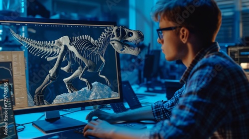 A paleontologist using a 3D modeling program to digitally reconstruct missing parts of a dinosaur skeleton.