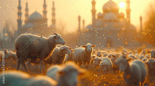 Eid Al Adha - Islamic Feast, Greeting Card, Blessed Sacrifice Feast. Ramadan and Eid greeting. Islamic celebration of the end of the Hajj, ommemoration of Ibrahim,shepherd sheep, lamb