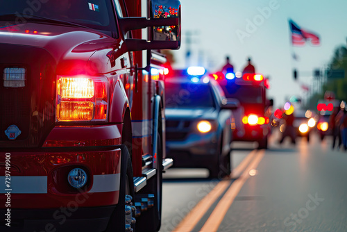 Emergency Response Scene with Fire Truck and Police Vehicles at Dusk