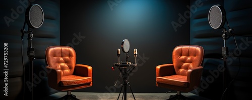 Podcast studio with two chairs, recording with microphones for recording online, live broadcast (1)