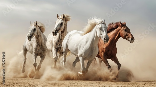 Horses with long mane portrait run gallop in desert dust. image of animal. copy space for text.