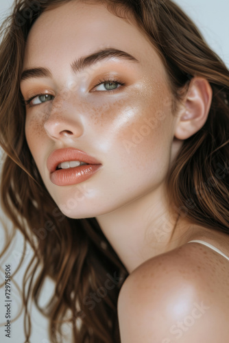 Beauty photoshoot, model with fresh natural dewy makeup