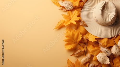 Flat lay autumn woman fashion, female hat , autumn leaves copy space background