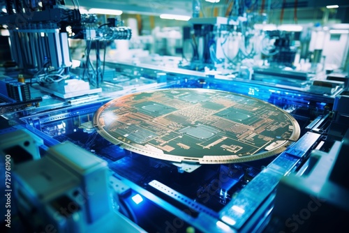 A Detailed View of a Silicon Wafer in an Industrial Setting, Surrounded by High-Tech Machinery and Illuminated by Fluorescent Lights