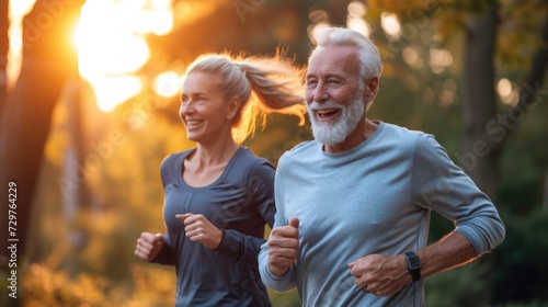 sweet and happy senior couple jogging for exercise together. 