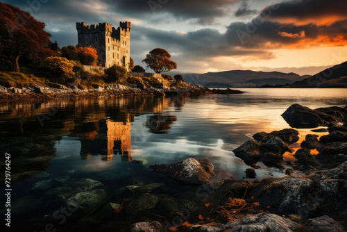 Irish Castle by a lake during a sunset with clouds