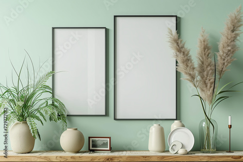 Two Wooden Poster Frame Mockup elegance in every detail, complemented by wall decor a vase with plants and leaves, wooden frame incorporates botanical accents, bathed in sunlight from the window 