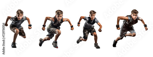 4 Young boys running in competition. Isolated on white background