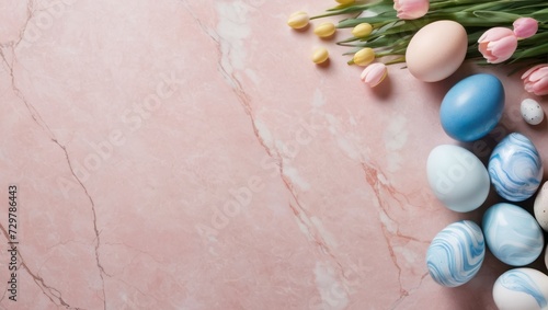 Stylish Easter eggs and spring flowers border on pink marble flat lay, with space for text. Happy Easter!