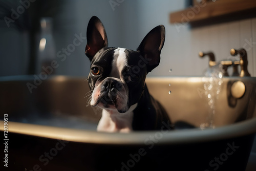 Boston terrier bathing in full sink of water