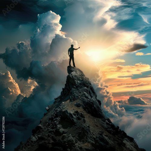 Man standing on top of a mountain and pointing on the sun. Impressive skies around. An inspiring photo, conveying courage and determination.