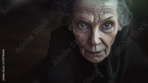 A scary old woman with lots of wrinkles and piercing eyes.