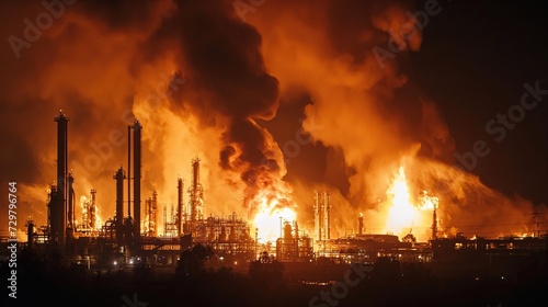 Burning oil refinery at night