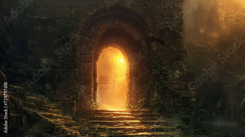 Medieval castle with a secret portal, leading to an ancient passage with glowing enchantment