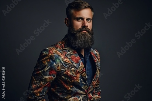 Portrait of a brutal man with a long beard and mustache. Studio shot over dark grey background.