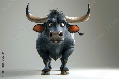 A cartoon water buffalo with large horns looking surprised.