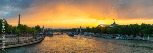 Paris France, panorama city skyline sunset at Seine River with Pont Alexandre III bridge and Grand Palais