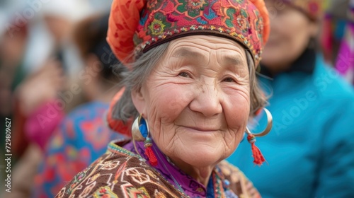 An elderly woman from Central Asia, with a content expression and a traditional dress, is dancing at a festival in Bishkek, Kyrgyzstan