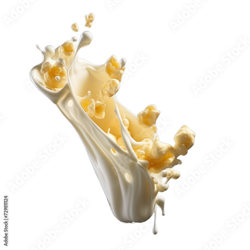 realistic fresh ripe corn kernel with slices falling inside swirl fluid gestures of milk or yoghurt juice splash png isolated on a white background with clipping path. selective focus
