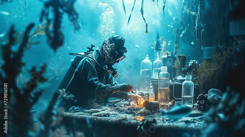 Professional Diver Engaged in Underwater Welding Amidst Marine Flora and Fauna, Illuminated by Work Light