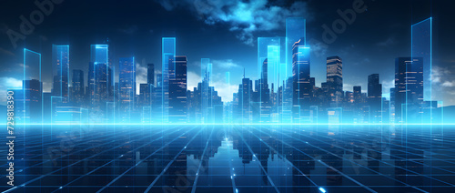 Illustration of a modern futuristic smart city concept with abstract bright lights against a blue background. Showcases cityscape urban architecture, emphasizing a futuristic technology city concept.