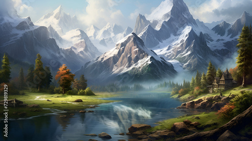 lake in the morning,, lake in the mountains 3d image