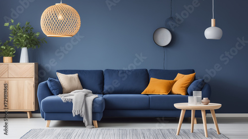 the living room with blueblue walls, orange chairs, and yellow lamps, in the style of monochrome, luxurious, dark blue and dark beige, interior scenes, light indigo and light amber, subtlety