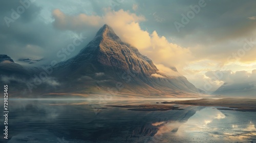  a painting of a mountain with a body of water in the foreground and a cloudy sky in the background, with a reflection of a body of water in the foreground.