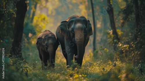  a couple of elephants walking through a lush green forest next to a forest filled with lots of tall grass and tall trees with green leaves on both sides of them.