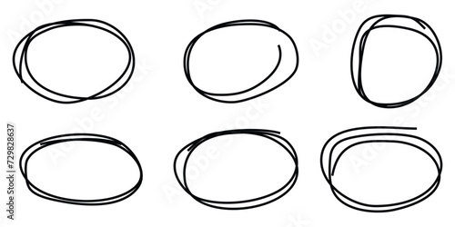 Hand drawn circle line sketch. circular scribble doodle round circles for message note mark design element with collection of different brush drawn black circles. Marker round elements with artboard.