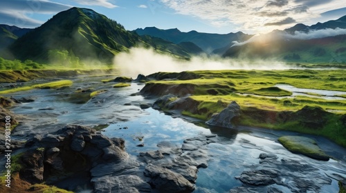 Sunrise over Geothermal Hot Springs in Mountain Valley