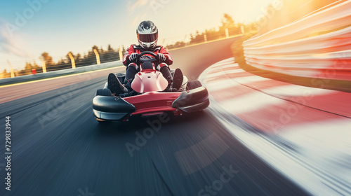 Kart Racer Speeding at Sunset, Dynamic Track Action, Motorsport Rush
