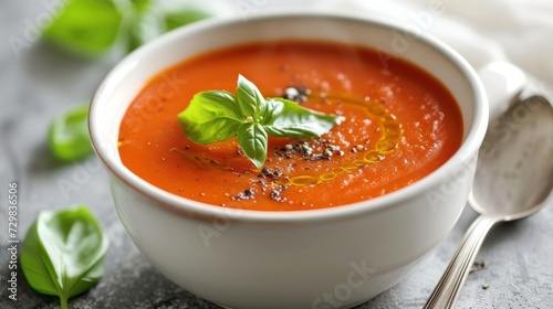  a white bowl filled with tomato soup and garnished with a leafy green garnish on top of a table with a spoon and a white napkin.