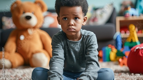 Sad African American boy sitting on the floor with toys