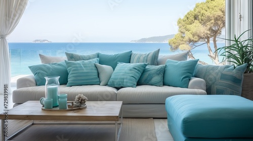Cozy and elegant living room with fabric sofas, turquoise pillows, and wooden coffee table in a coastal home with sea view