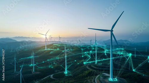 Wind Turbines Networked in Hilly Landscape at Dawn with Digital Overlay 