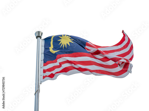 Malaysia flag tied to a pole, waving. Isolated on transparent background.