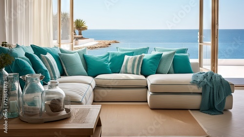 Cozy and elegant living room with fabric sofas, turquoise pillows, and wooden coffee table in a coastal home with sea view