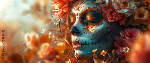 Vibrant Day of the Dead Celebration - A Colorful Artistic Representation of a Female with Traditional Sugar Skull Makeup Surrounded by Blooming Flowers