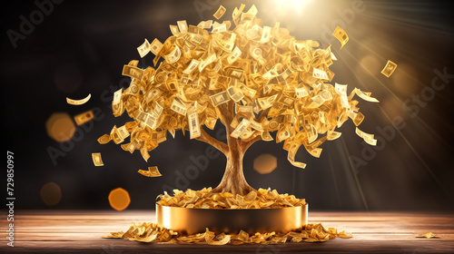 Enchanting golden money tree in full bloom with golden shine, bu