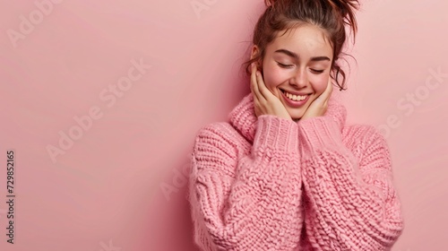 Embracing self-love: Image of happy woman with strong confidence, eyes closed in bliss, adoring her cozy new pastel sweater, tilting head indoors.