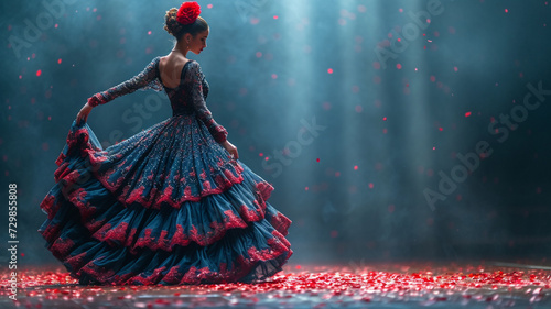 Flamenco dancer on stage. Stage lights, long dress, beautiful woman