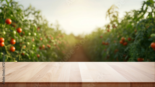 an empty table against the background of a field with red tomatoes. display your product outdoors. vegetable mock up.