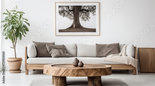 Wooden stump coffee table and grey sofa in minimalist living room with poster frame on white wall. Nordic style home decor.