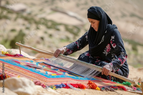 bedouin woman weaving a colorful carpet outdoors